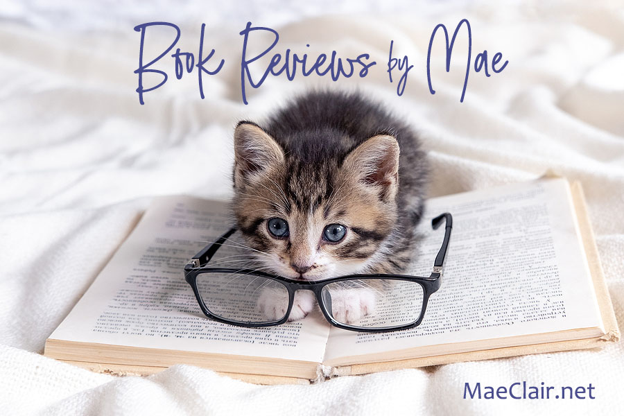 Striped kitten lying on open book, eyeglasses resting on pages. Book and kitten on white blanket